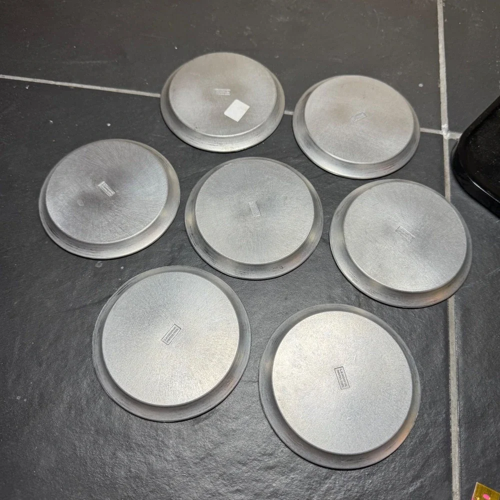 Vintage MCM LE Mason Co Boston Mass Aluminum Coasters Set of 7 Monogram S Silver